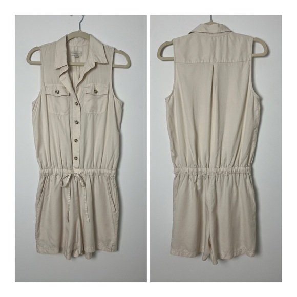 LOFT Beige Safari Button Front Sleeveless Elastic Waist Pockets Jumper Romper XS - Picture 1 of 11